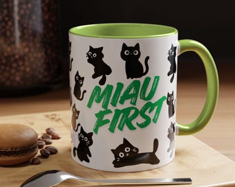 Cute cat mug for cat mum/dad, Black Cat Pattern, Miau First Ceramic Coffee Mug, christmas gift for cat lover/owner, Cat Lover Birthday Gift