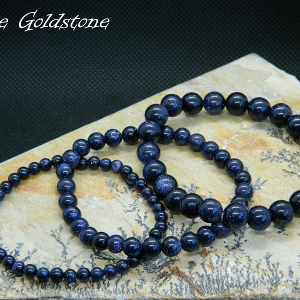 Bracelet Blue Goldstone, Nuit du Caire, Grès bleu, Pierre de naissance de novembre, Bijoux en pierre de naissance, 13-23 cm, 5,11-9,05 pouces, 4 mm, 6 mm, 8 mm, 10 mm