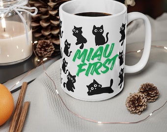 Cute cat mug for cat mum/dad, Black Cat Pattern, Miau First Ceramic Coffee Mug, christmas gift for cat lover/owner, Cat Lover Birthday Gift