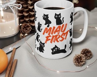 Cute cat mug for cat mum/dad, Black Cat Pattern, Miau First Ceramic Coffee Mug, christmas gift for cat lover/owner, Cat Lover Birthday Gift