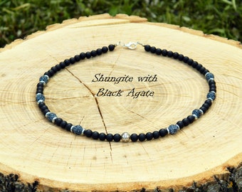 Shungite Necklace, Black Agate Necklace, Mens Necklace, Shungite Choker, Agate Choker, 35-90cm, 14-35inch, 6mm