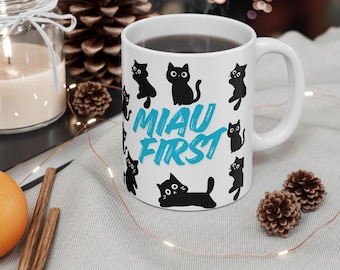 Cute cat mug for cat mum/dad, Black Cat Pattern, Miau First Ceramic Coffee Mug, christmas gift for cat lover/owner, Cat Lover Birthday Gift
