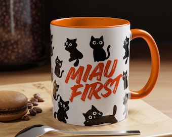 Cute cat mug for cat mum/dad, Black Cat Pattern, Miau First Ceramic Coffee Mug, christmas gift for cat lover/owner, Cat Lover Birthday Gift