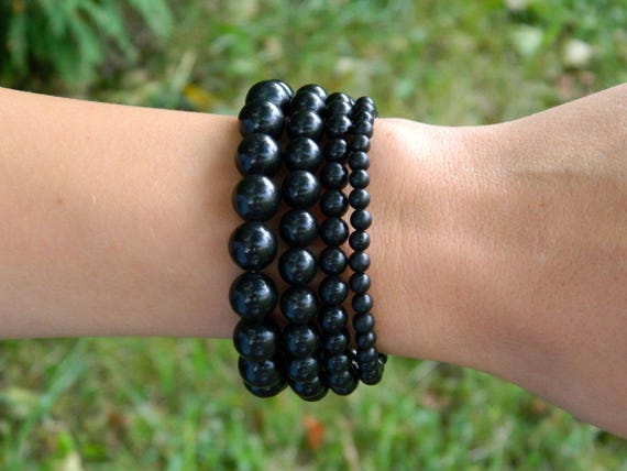 Shungite Round Bead Bracelet - Elastic Healing Stone Jewelry For Men & Women