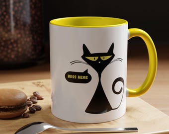 Cat lover mug, Black Cat Boss Here Coffee Mug, cute cat mug, gift for cat mum/dad, gift for cat owner
