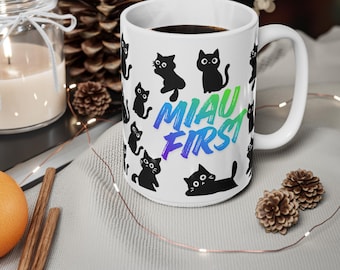 Cute cat mug for cat mum/dad, Black Cat Pattern, Miau First Ceramic Coffee Mug, christmas gift for cat lover/owner, Cat Lover Birthday Gift