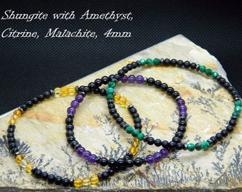 Shungite Bracelet, Amethyst Bracelet, Malachite Bracelet, Citrine Bracelet, Gemstone Bracelet, 13-23 cm, 5.11-9.05 inch, 4mm