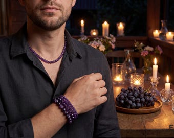 Amethyst Beaded Bracelet, Natural Purple Crystal Bracelet, Healing Amethyst Jewelry