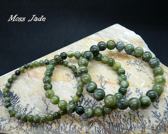 Green Jade Bracelet, Moss Jade, AAA Grade, Gemstone Bracelet, August Birthstone, Beaded Bracelet, 13-23cm, 5.11-9.05 inch, 4-6-8-10mm