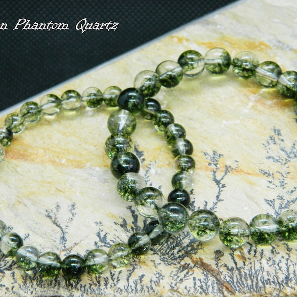 Pulsera de cuarzo fantasma, verde, grado AAA, fantasma verde, pulsera con cuentas, cuarzo fantasma, 13-23 cm, 5.11-9.05 pulgadas, 6 mm, 8 mm, 10 mm, 12 mm