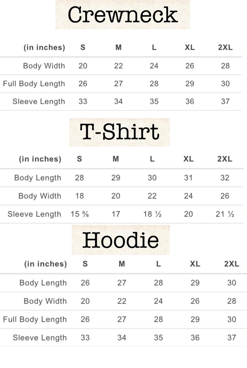 Puede incluir: Tabla de tallas para estilos de cuello redondo, camiseta y sudadera con capucha. Las medidas est&aacute;n en pulgadas para la longitud del cuerpo, el ancho del cuerpo, la longitud total del cuerpo y la longitud de la manga. Las tallas van de la S a la 2XL.