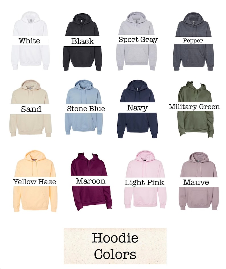 Puede incluir: Un gr&aacute;fico que muestra 12 colores diferentes de sudaderas con capucha. Los colores son: Blanco, Negro, Gris Deportivo, Pimienta, Arena, Azul Piedra, Azul Marino, Verde Militar, Amarillo Niebla, Marr&oacute;n, Rosa Claro y Malva. El texto "Colores de sudaderas con capucha" est&aacute; en la parte inferior del gr&aacute;fico.