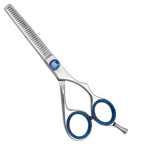 RHMBeauty Ciseaux fins professionnels pour barbier - Ciseaux de coiffure argentés réglables de 6 po. avec vis bleue élégante, ciseaux de texturation rasoir