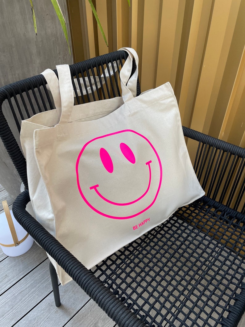 Shopper Tasche Tote Bag Smiley be happy individuell recycelter Stoff Bio Baumwolle Einkaufen Reisen Strand Bild 1