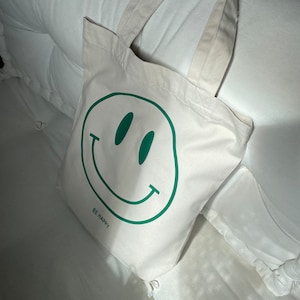 Shopper Tasche Tote Bag Smiley be happy individuell recycelter Stoff Bio Baumwolle Einkaufen Reisen Strand Bild 3