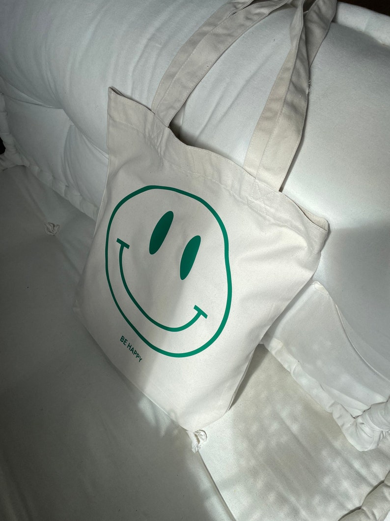 Shopper Tasche Tote Bag Smiley be happy individuell recycelter Stoff Bio Baumwolle Einkaufen Reisen Strand Bild 3