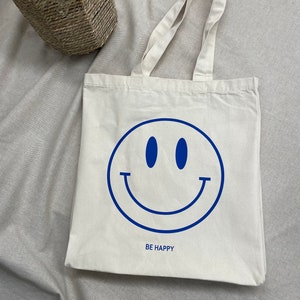 Shopper Tasche Tote Bag Smiley be happy individuell recycelter Stoff Bio Baumwolle Einkaufen Reisen Strand Bild 2