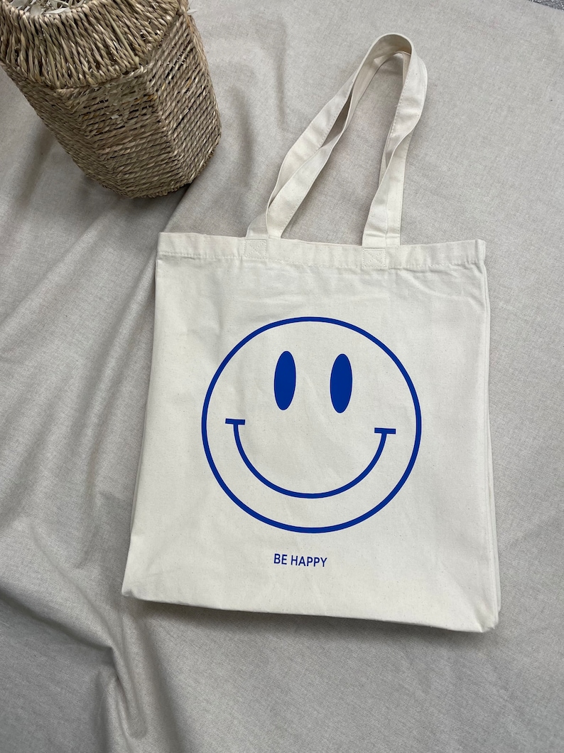 Shopper Tasche Tote Bag Smiley be happy individuell recycelter Stoff Bio Baumwolle Einkaufen Reisen Strand Bild 2