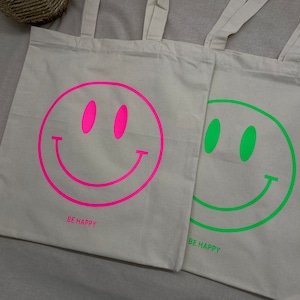 Shopper Tasche Tote Bag Smiley be happy individuell recycelter Stoff Bio Baumwolle Einkaufen Reisen Strand Bild 4