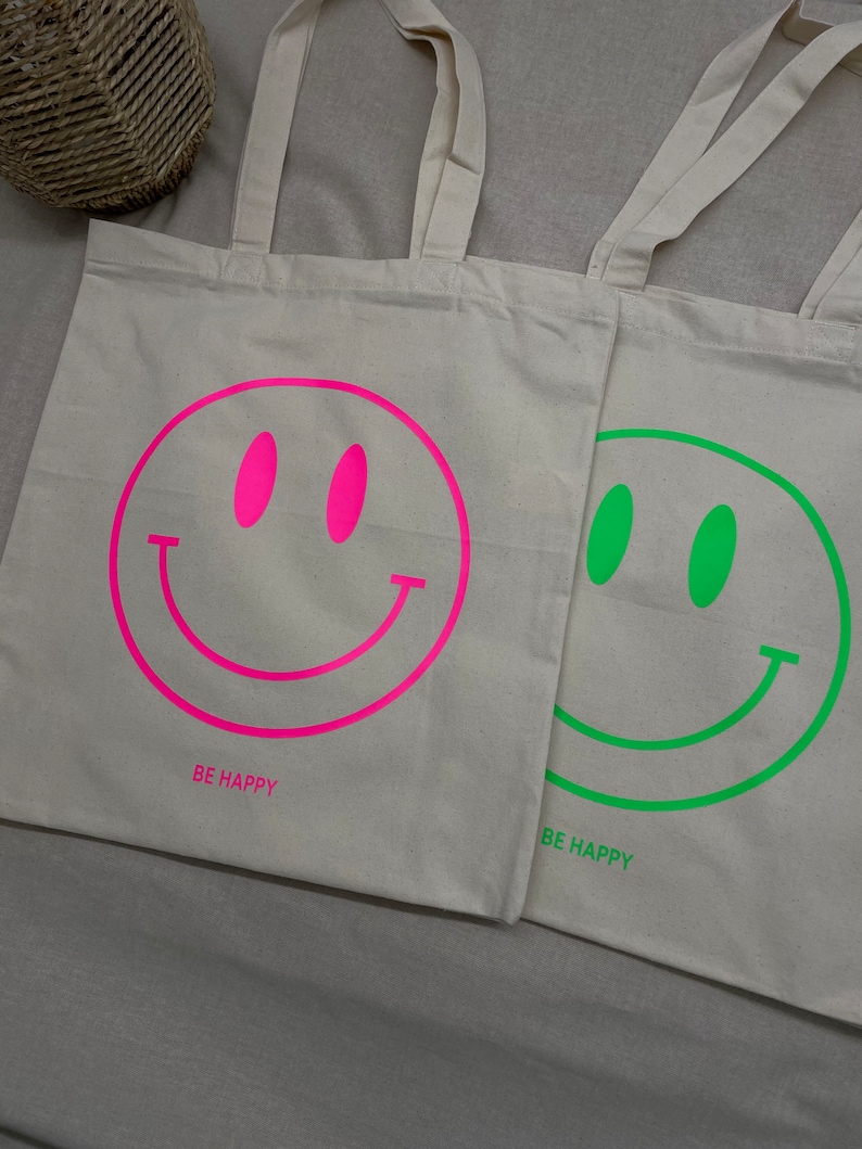 Shopper Tasche Tote Bag Smiley be happy individuell recycelter Stoff Bio Baumwolle Einkaufen Reisen Strand Bild 4