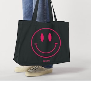 Shopper Tasche Tote Bag Smiley be happy individuell recycelter Stoff Bio Baumwolle Einkaufen Reisen Strand Bild 5