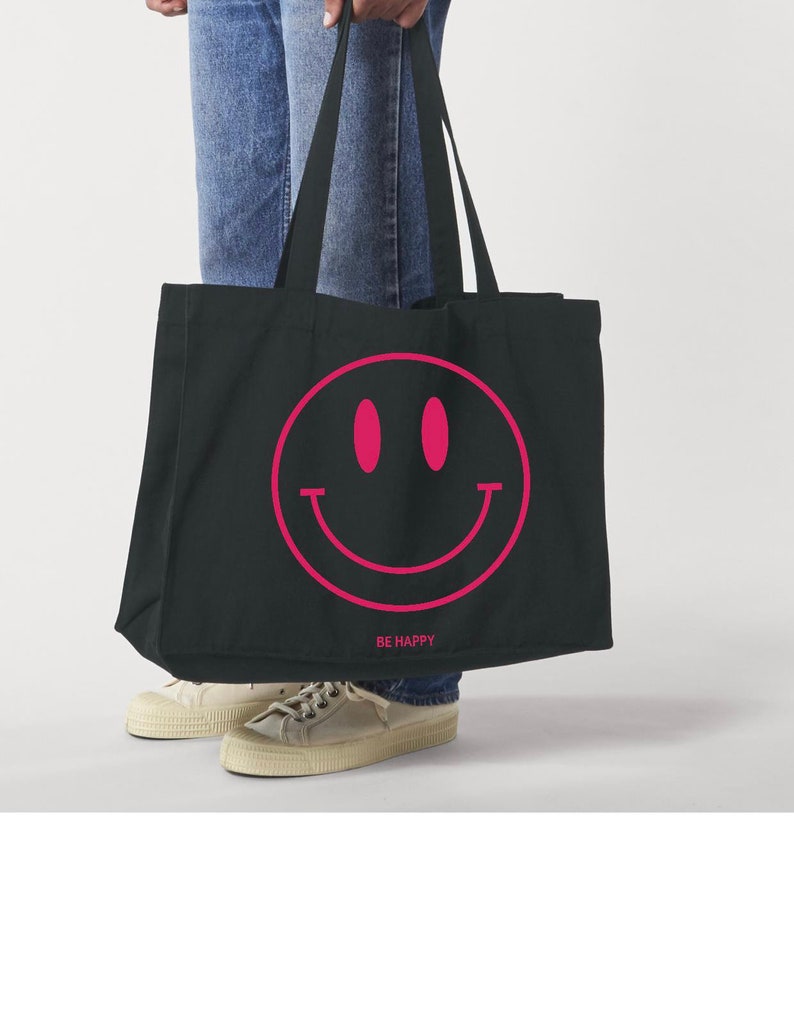 Shopper Tasche Tote Bag Smiley be happy individuell recycelter Stoff Bio Baumwolle Einkaufen Reisen Strand Bild 5