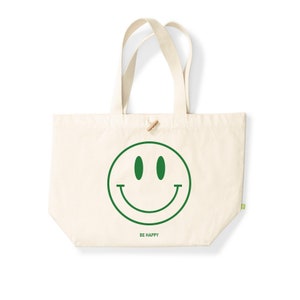 Shopper Tasche Tote Bag Smiley be happy individuell recycelter Stoff Bio Baumwolle Einkaufen Reisen Strand Bild 7