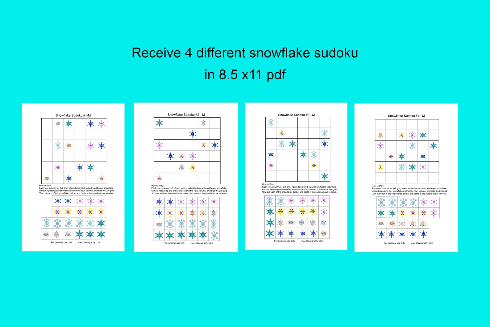 Four Assorted Snowflake Sudoku Kids, Medium Level. Printable Pack