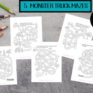May include: Five black and white printable monster truck maze activity sheets. Each sheet features a different maze with a monster truck and trees. The text on the sheets reads "Race the Monster truck over and under to catch up to the other Monster truck" and "Race the truck over and under through the trees to the finish."