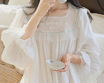 Vintage Weißes Baumwolle Nachthemd Frauen Lange Viktorianische Nachthemd Viktorianische Nachtwäsche Viktorianisches Nachthemd Braut Nachthemden Vintage Nachtwäsche