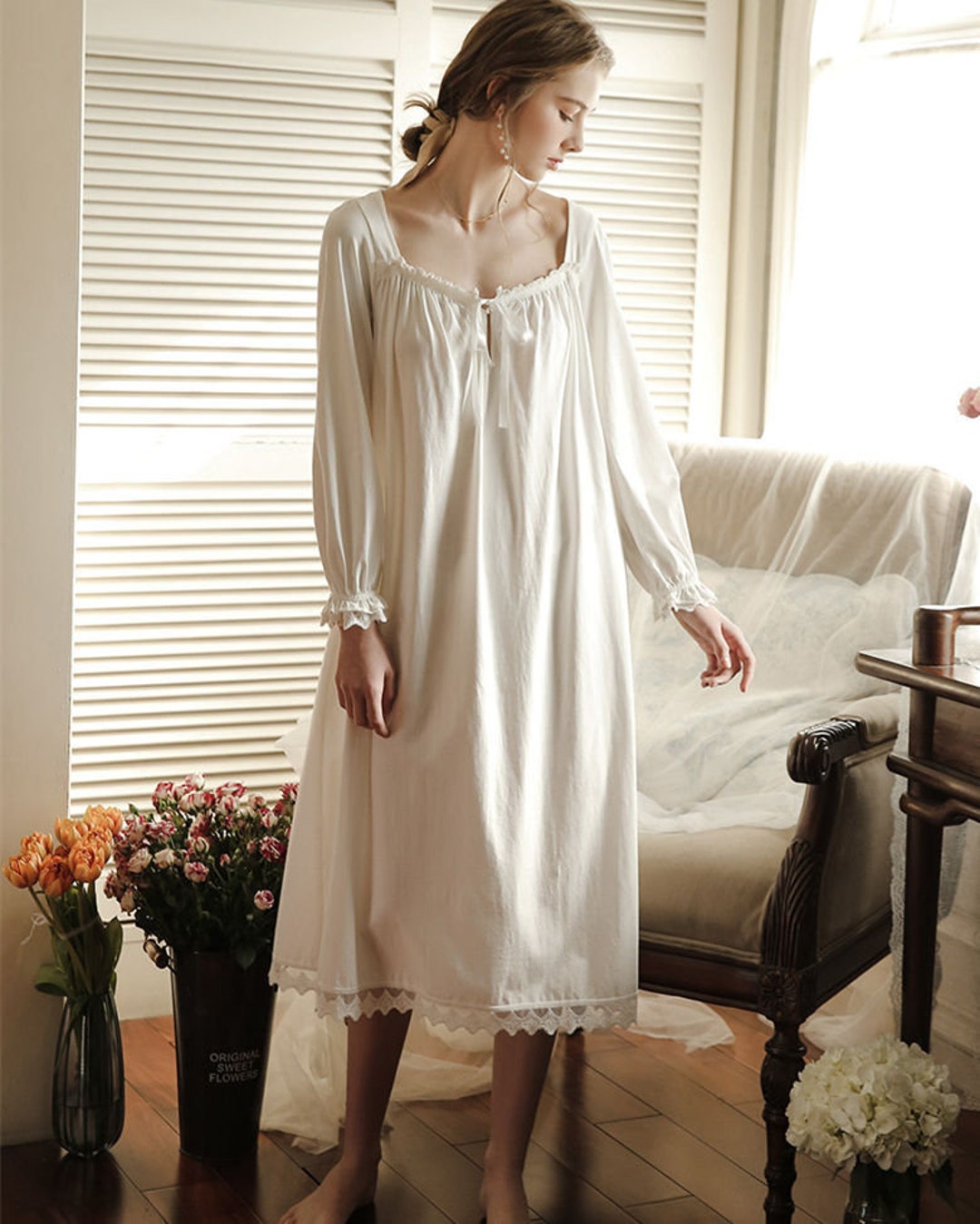 Chemise de nuit victorienne blanche pour femme, longue chemise de nuit vintage, chemise de nuit