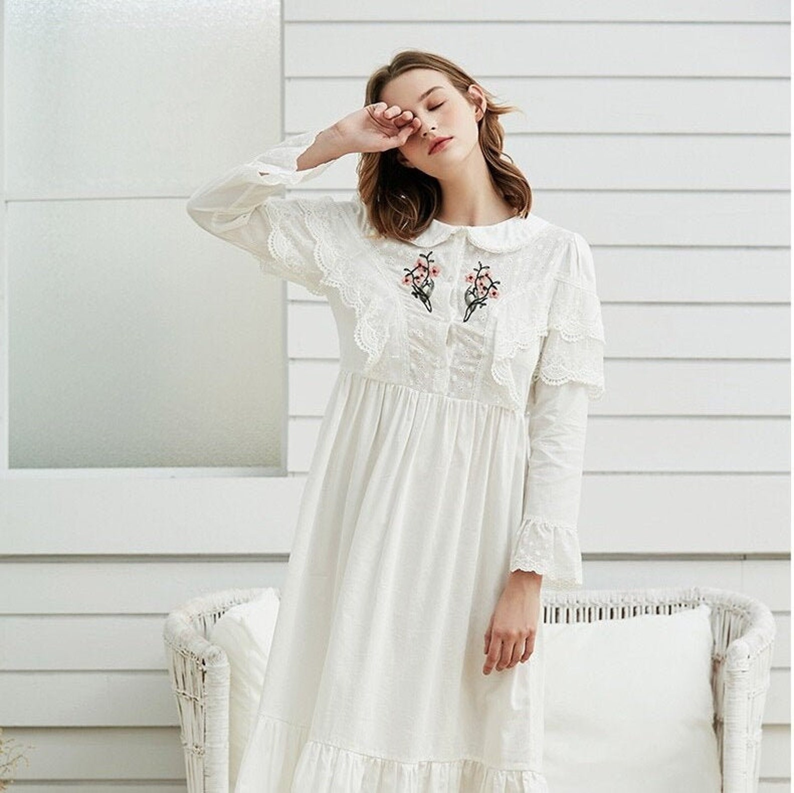 White Cotton Embroidered Nightgown Women Vintage Nightgown Etsy