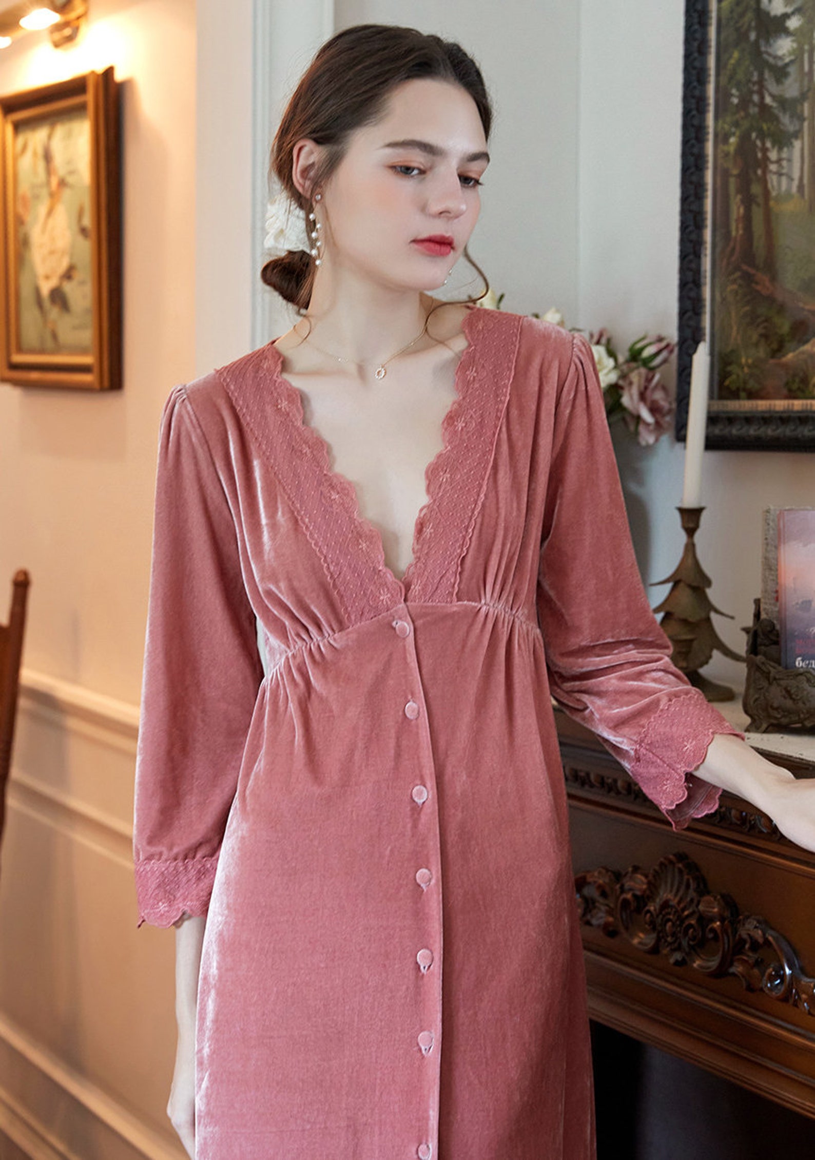 Women Vintage Style Nightgown Deep V Long Nightgowns Etsy