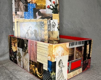 May include: A rectangular box with a red interior and a collage exterior. The collage features images of roses, musical notes, and classical figures. The box is open, revealing the red interior.