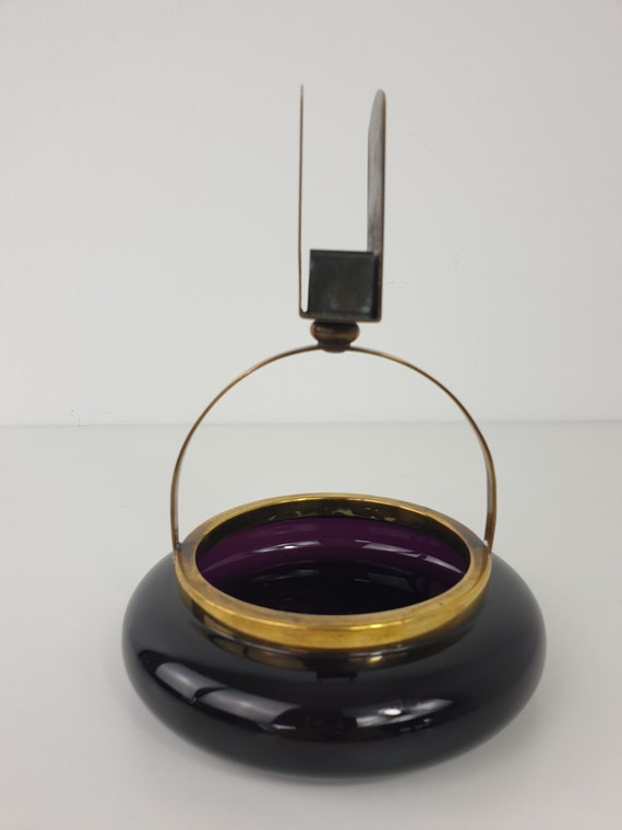 Ashtray With Match Holder in Dark Purple, Glass Ashtray With Brass