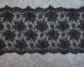 3 Yards 28" of Vintage Novelty Corded and Beaded Black Floral Lace Trim 13" Wide AS IS