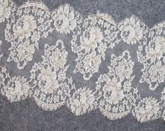 Vintage Beaded and Sequined Double Scalloped Floral Mesh Lace 12" Wide REDUCED, AS IS