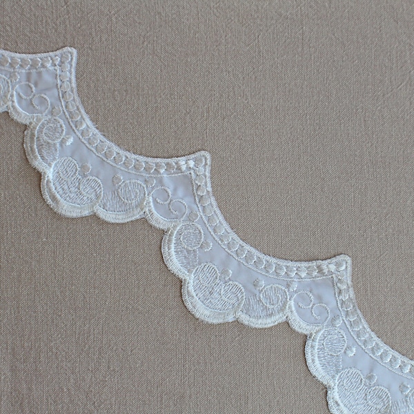 Vintage Embroidered Taffeta Silk in Natural White Trim Scalloped Pattern 3" Wide