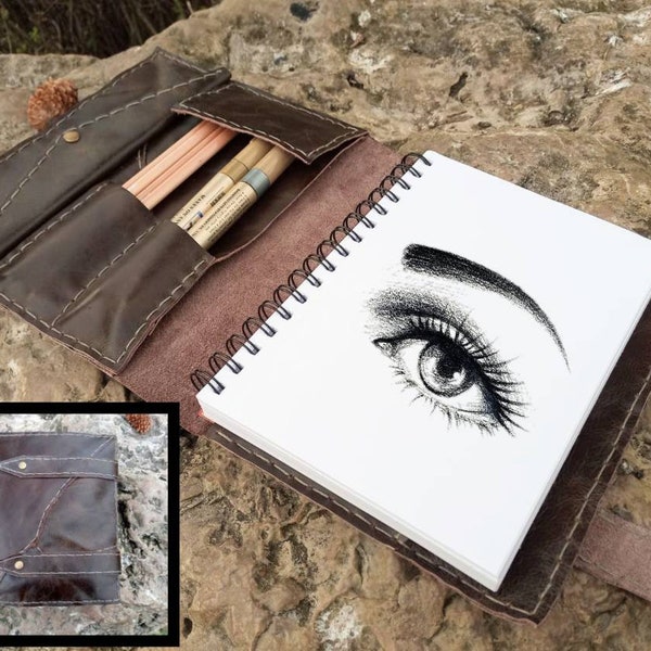 Leather personalised patchwork A5 sketchbook/ notebook diary journal cover case holder caddy organiser portfolio artist student adventurer