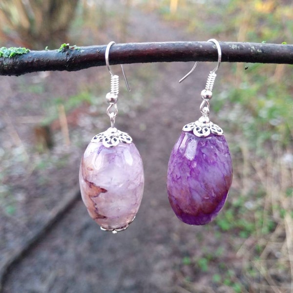 Large heavy faceted purple agate oval gemstone crystal dangle drop earrings ear rings boho bohemian chakra healing valentines Day gift her