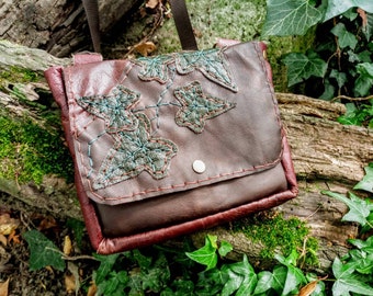 Handmade leather brown cross body side bag with ivy leaf vine design larp