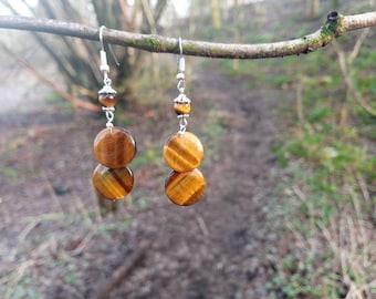 Silver plated flat circle gold Tiger eye gemstone crystal dangle earrings ear rings boho hippy cute kawaii small valentines gift for her