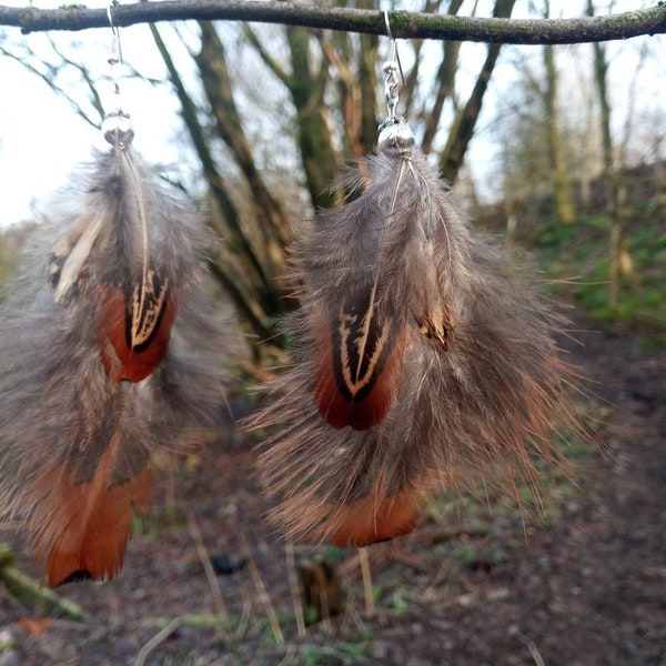 Silver plated long elegant boho hippy gypsy natural pheasant rooster bird hen feather brown patterned orange dangle drop earrings