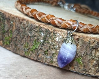 Chevron amethyst genuine Italian leather tan braided plaited woven choker collar necklace purple gemstone crystal chakra Boho bohemian