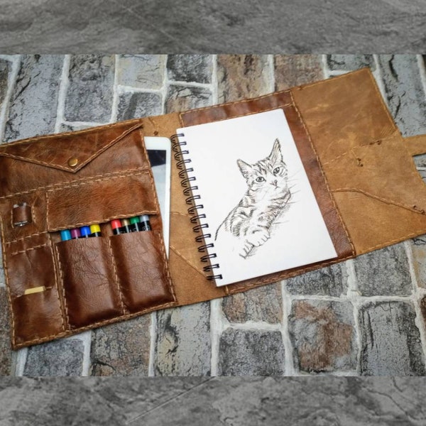 Leather personalised A5 patchwork Sketchbook notebook journal cover pen pencil holder artist ipad case travel organiser student professional