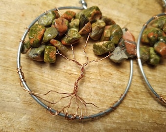 CLEARANCE copper wire crafted art hoop round Unakite jasper tree of life gemstone chip green and pink leaf fruit earrings ear rings gift her