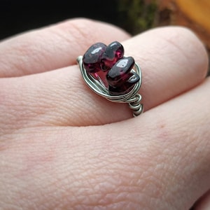CLEARANCE Wire wrapped silver plated January birthstone rhodolite garnet ring gemstone crystal red purple burgundy Boho statement promise