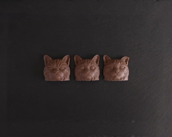 Handmade Sculpted Chocolate Cat Trio – Artisan Belgian Milk Chocolate Cat Faces – Unique Gift for Cat Lovers, Boxed Treats