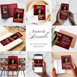 May include: A collection of eight editable funeral templates. The templates include a memorial card, bookmark, thank you card, and a social media post. Each template features a photo of a woman and the name "Destiny Smith".