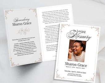 Modello di programma funebre di 8 pagine, design moderno modificabile Canva, programma commemorativo necrologio, celebrazione della vita, ricordo in amorevole ricordo